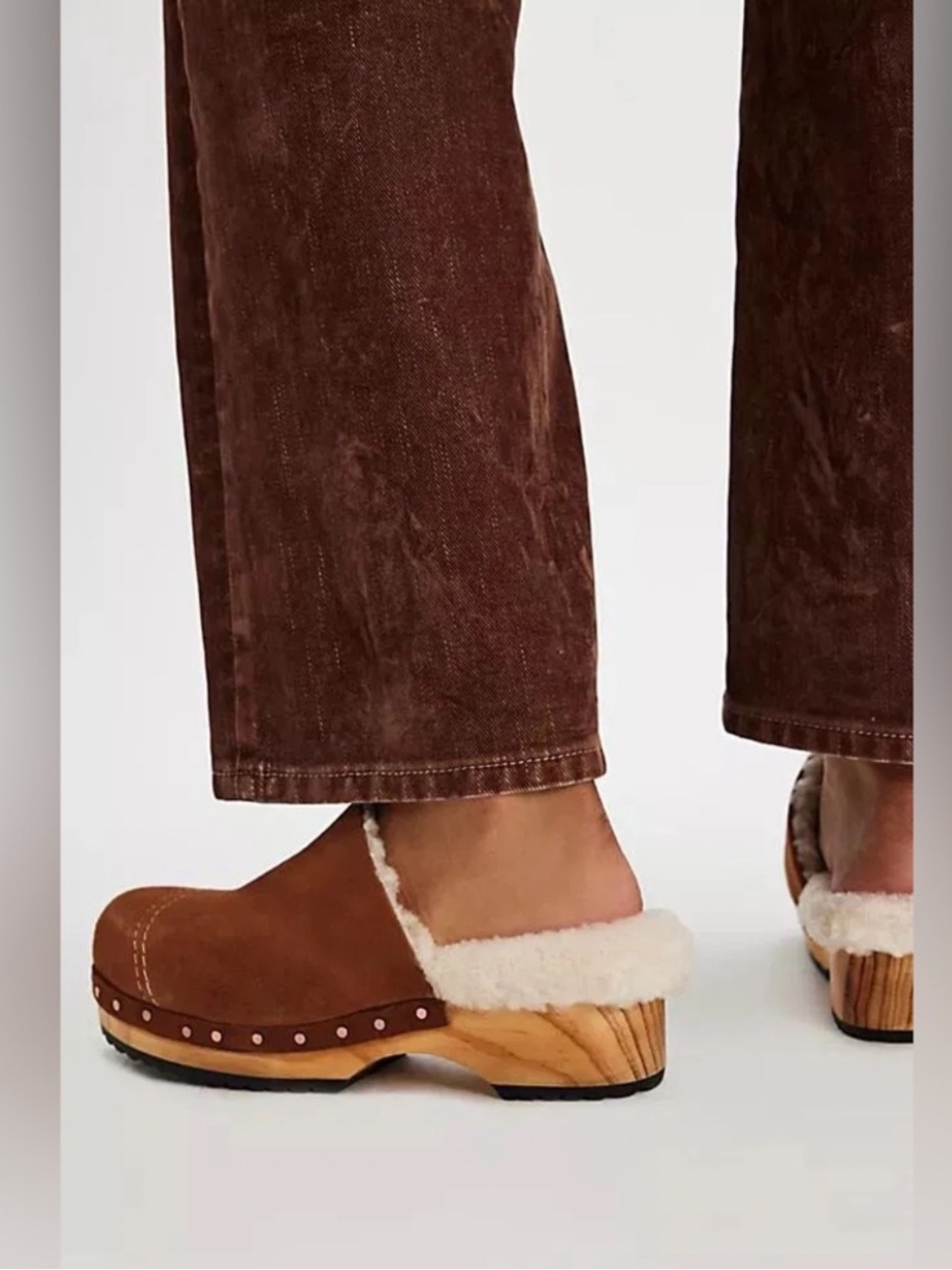 Free People Cozy Tan Suede Shearling Clogs